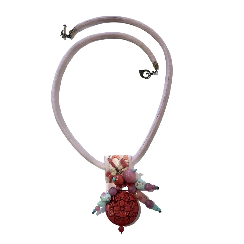 gold necklace for women -Pink Silk Cord Necklace with Cinnabars, Dragonfly, and Amethyst and Peking Glass Beads Embellishments