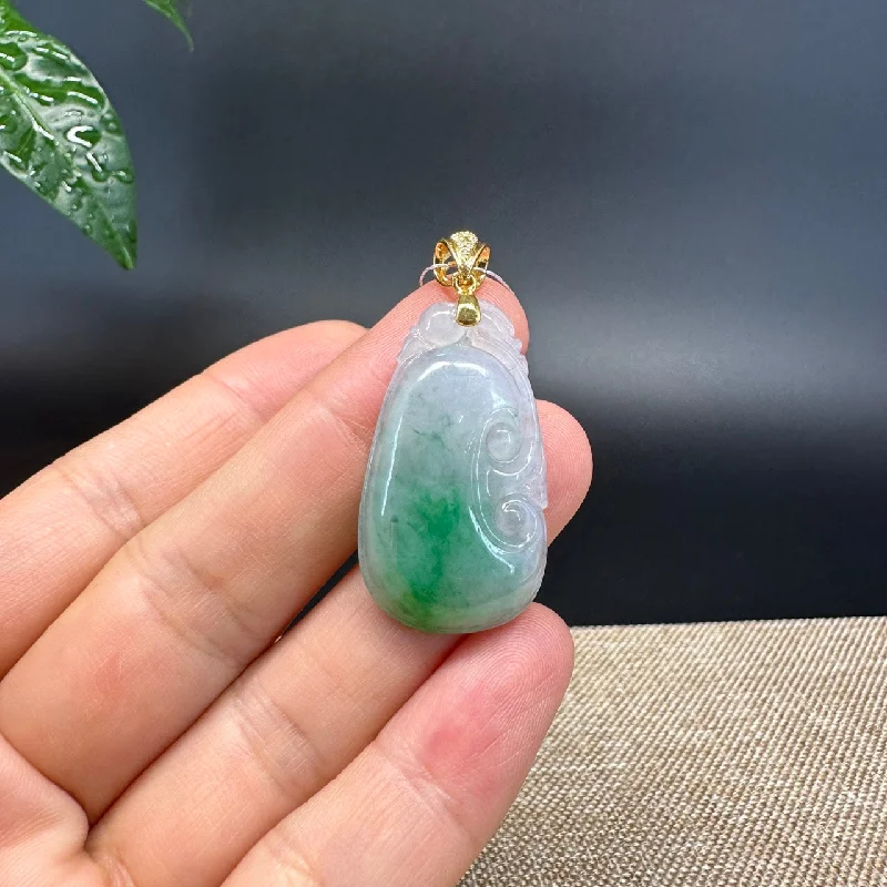 double layered necklace for women -RealJade® Co. Genuine Ice Blue Green Jadeite Jade Good Ru Yi Bottle Gourd Necklace With 18K Yellow Gold Bail