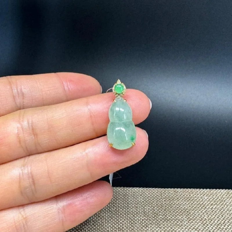 romantic couple necklaces for lovers -RealJade® Co. Genuine Ice Green Jadeite Jade Good Luck Hulu Bottle Gourd Necklace With 18K Yellow Gold Bail