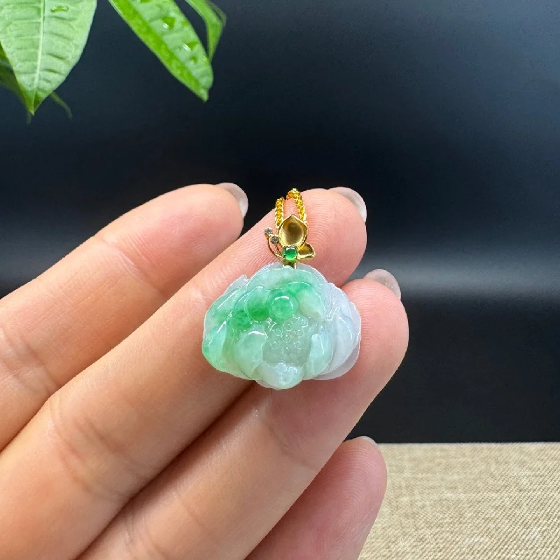 emerald pendant necklace for women -RealJade® Co. Genuine White Green Jadeite Jade Good Lotus Necklace With 18K Yellow Gold Bail