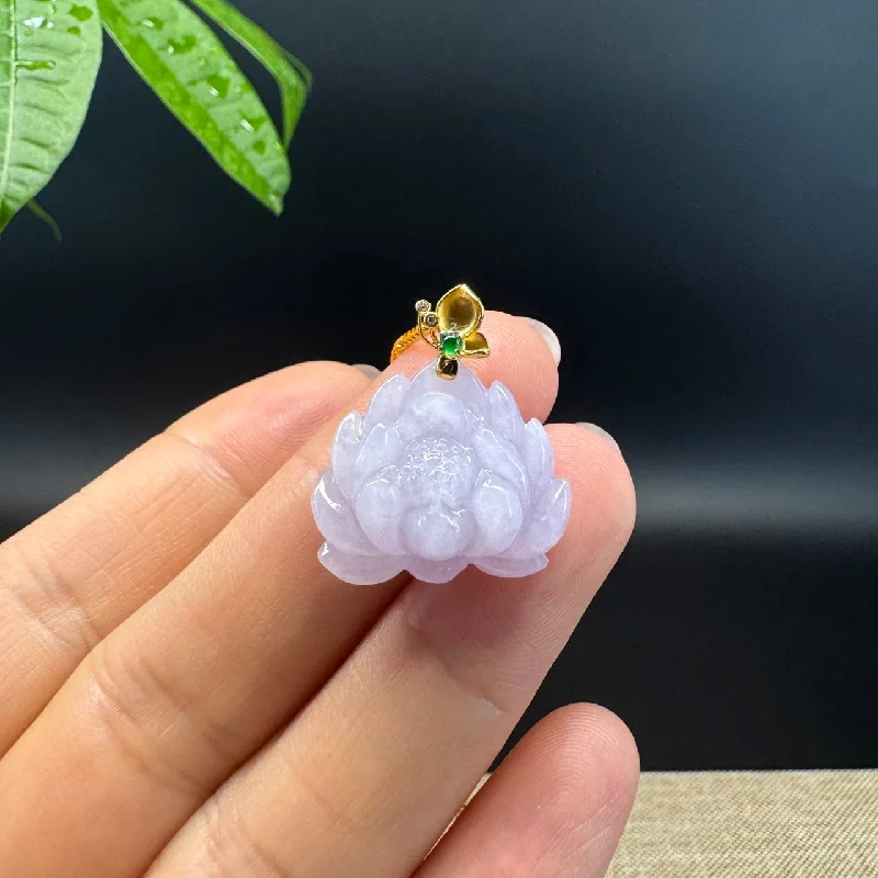 sapphire pendant necklace for women -RealJade® Co. Genuine Lavender Jadeite Jade Good Lotus Necklace With 18K Yellow Gold Bail