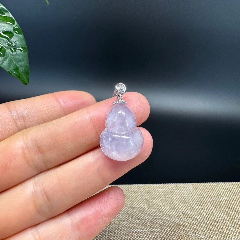 crystal healing necklace for women -RealJade® Co. Genuine Lavender Jadeite Jade Good Luck Hulu Bottle Gourd Necklace With 18K White Gold Bail