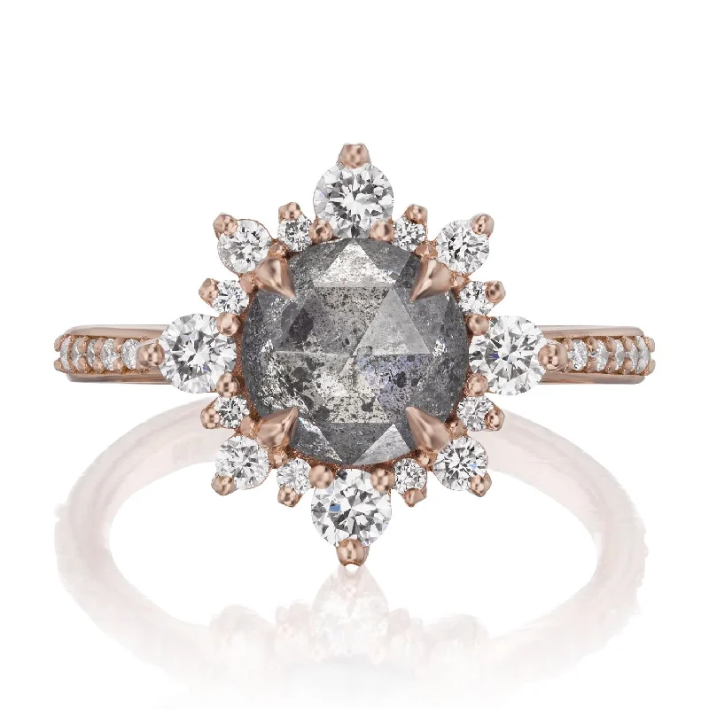 gemstone ring for women -・REYNA・Rose Cut Salt + Pepper Diamond Center, Diamond Halo (2.60ctw+)