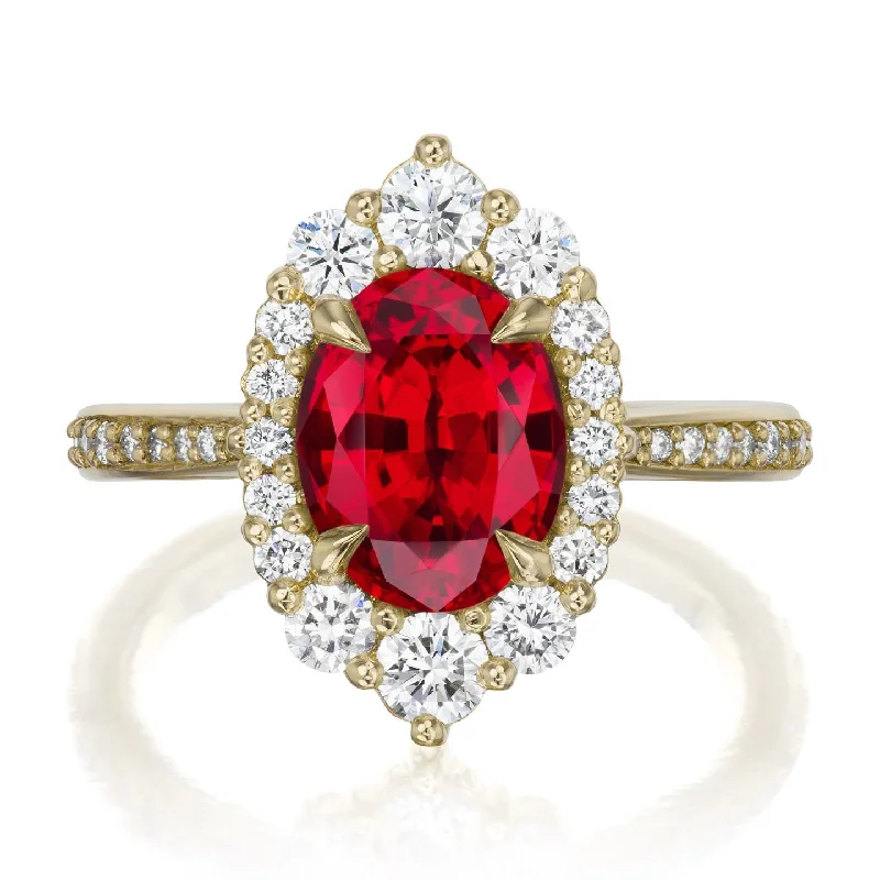 bold gold ring for women -・SOFIA・Oval Ruby Center, Diamond Halo (3.25ctw+)