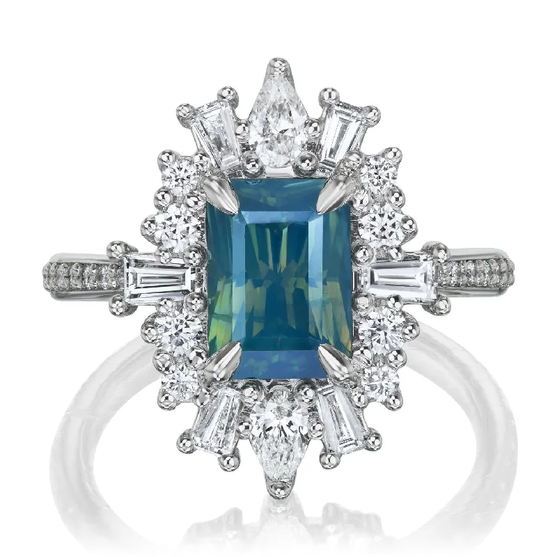 dainty gold ring for women -・AZURA・Radiant Teal Sapphire Center, Diamond Halo (3.09ctw)