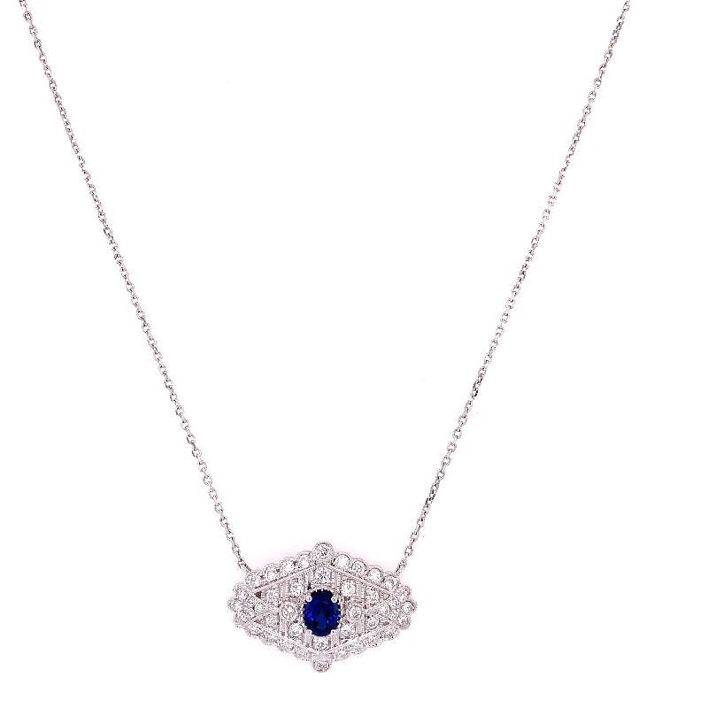 silver heart necklace for women -Vintage Inspired Sapphire and Diamond Necklace in White Gold