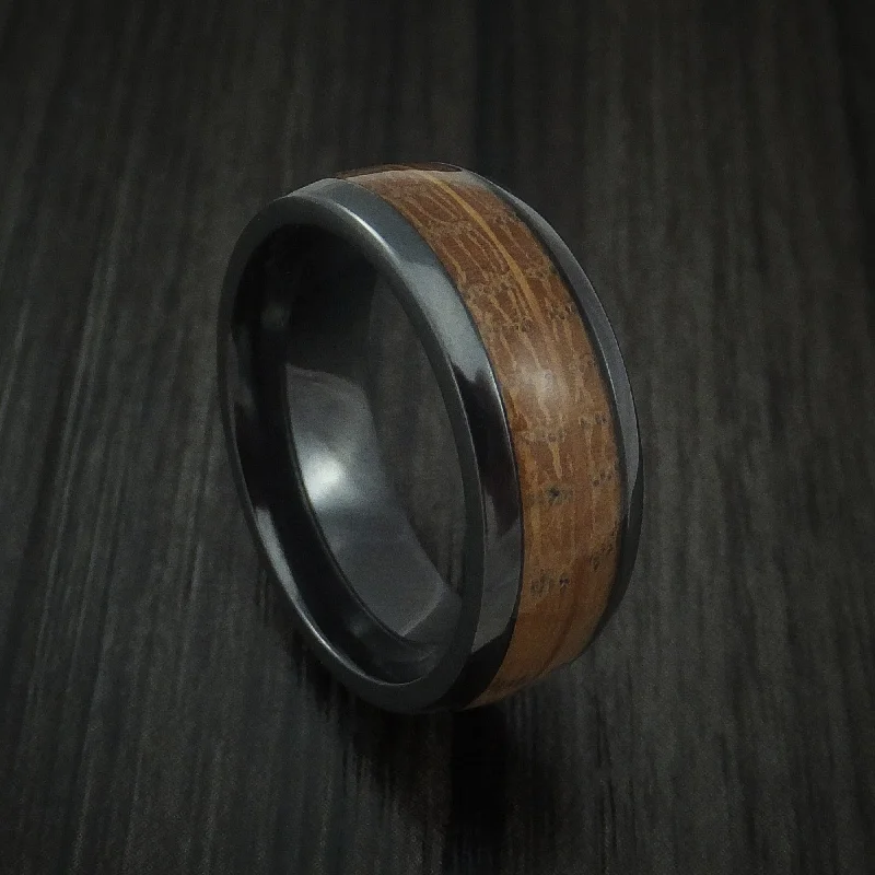 gold wedding band for men -Wood Men's Ring and Black Titanium Band inlaid with Whiskey Barrel Wood Custom Made