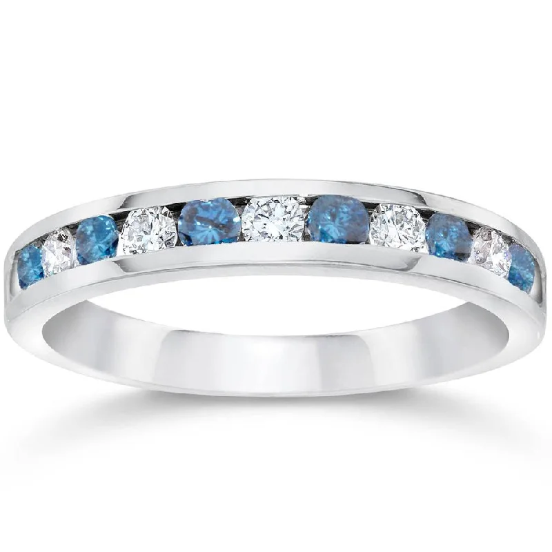 cubic zirconia ring for women -1/2ct Blue & White Diamond Channel Set Wedding Ring 14K White Gold Size Selectable