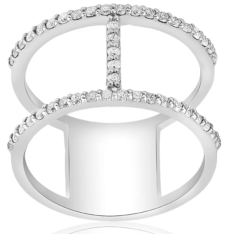 personalized stacking rings for women -1/2ct Designer Diamond Right Hand Wide H Shape Fashion Ring 10K White Gold Size Selectable