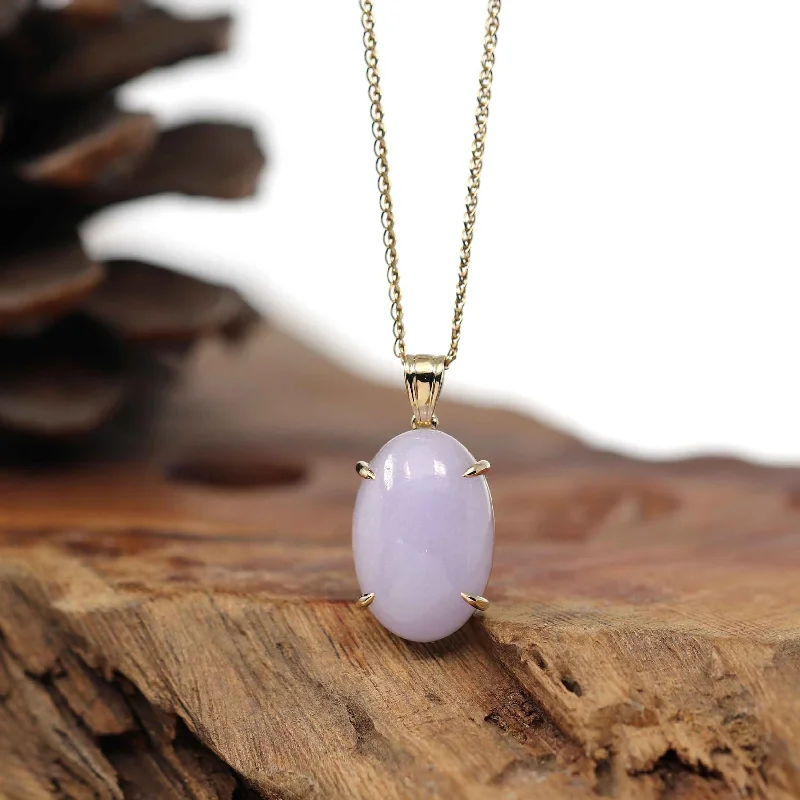 handmade gemstone necklace -14K Gold Natural Lavender Burmese Jadeite Cabochon Necklace