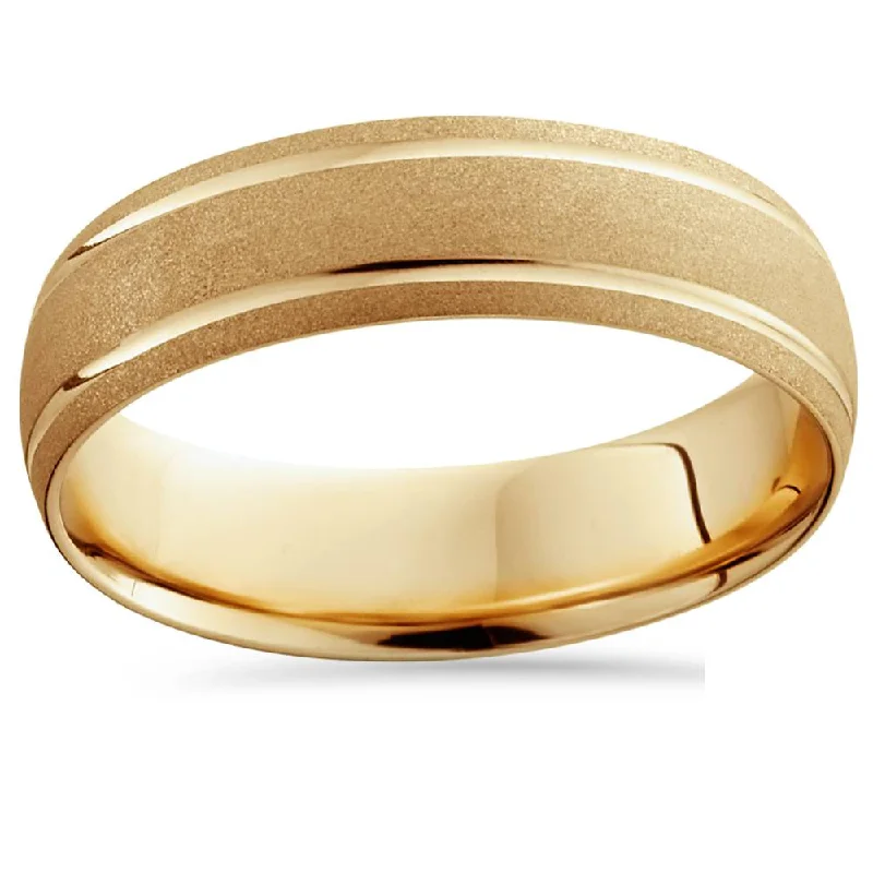 men’s wood inlay ring -14K Yellow Gold Mens Brushed Dome Double Line Wedding Band 6mm Size Selectable