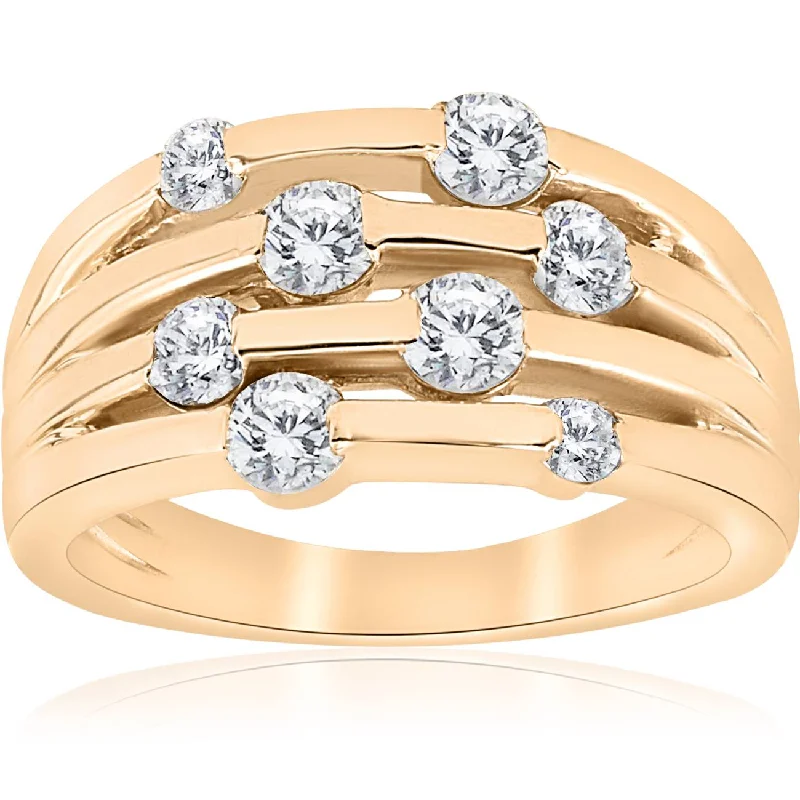 luxury diamond ring for special occasions -1ct Yellow Gold Real Diamond 14K Right Hand Womens Fashion Multi Row Ring Size Selectable