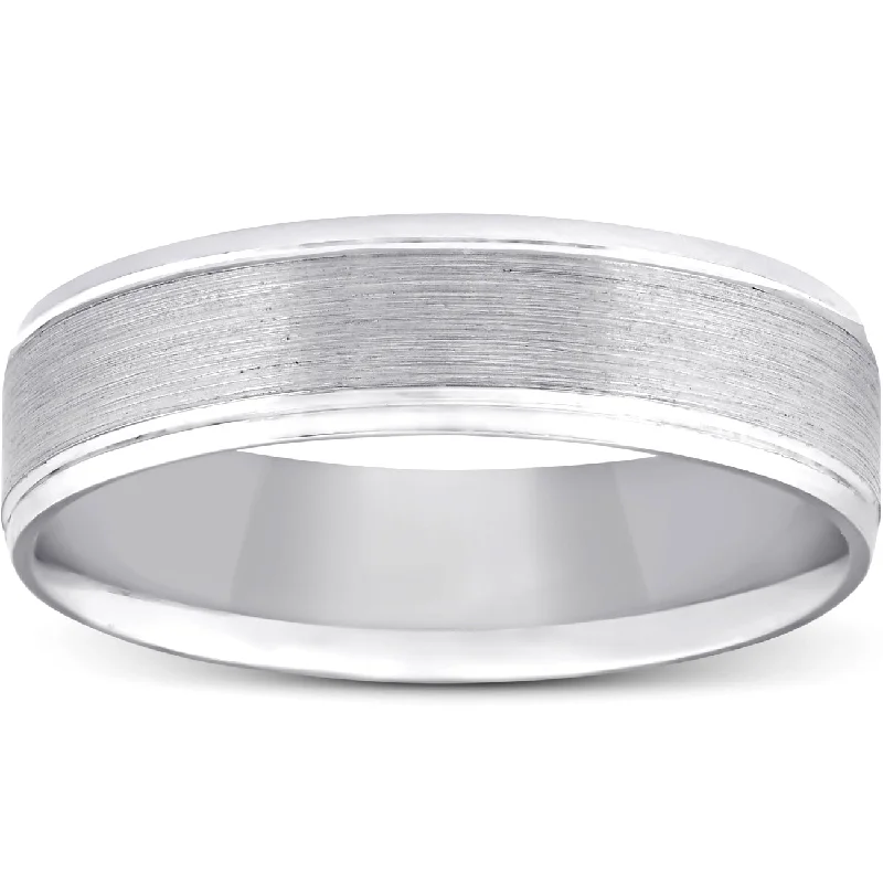 wedding ring set for couples -5mm Flat Brushed Mens Wedding Band 10K White Gold Size Selectable