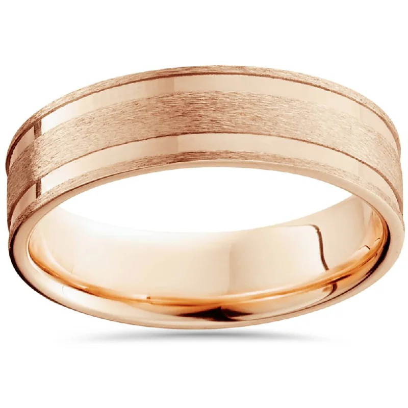 geometric ring for women -6mm 14K Rose Gold Brushed Double Inlay Wedding Band Size Selectable