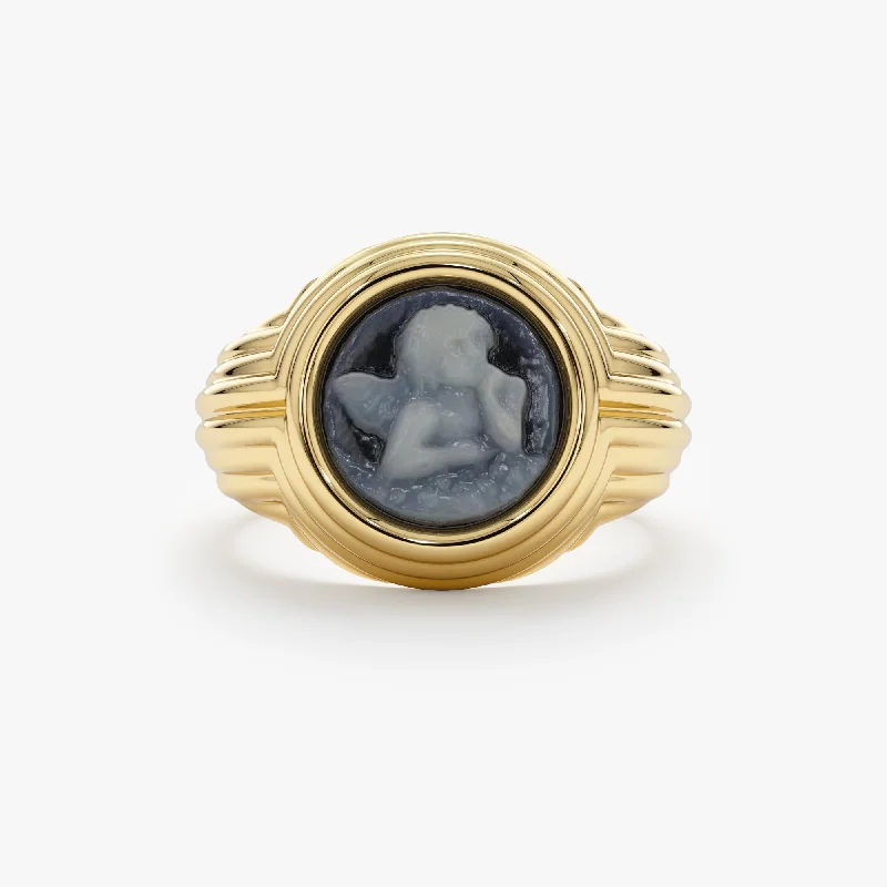 bold gold ring for women -Blue Agate Cameo Signet Ring, Deren