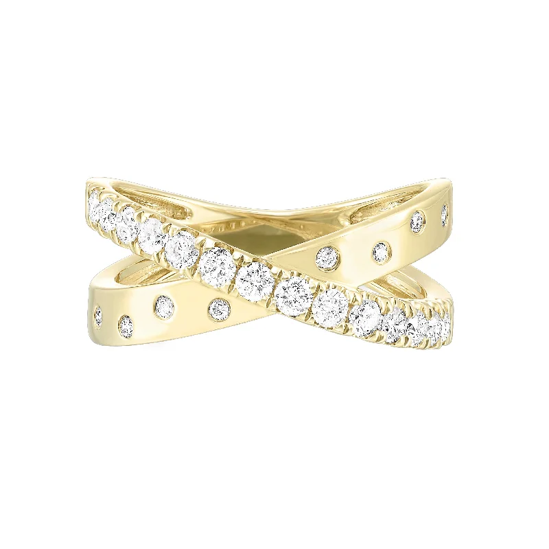 spinner ring for anxiety relief -Diamond Crossover Band in Yellow Gold