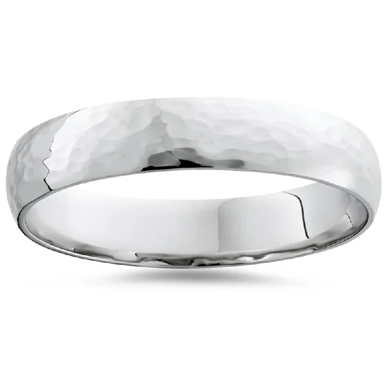 anniversary band for couples -Hammered Wedding Band 10K White Gold Mens 5mm High Polished Ring Size Selectable