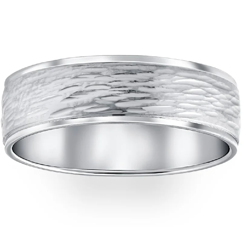 geometric ring for women -Hand Etched 6mm Dome Wedding Band 10K White Gold Size Selectable