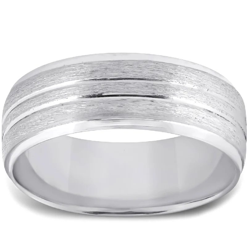 contemporary ring for men -Mens 14k White Gold Comfort Fit Brushed Wedding Band Ring Size Selectable