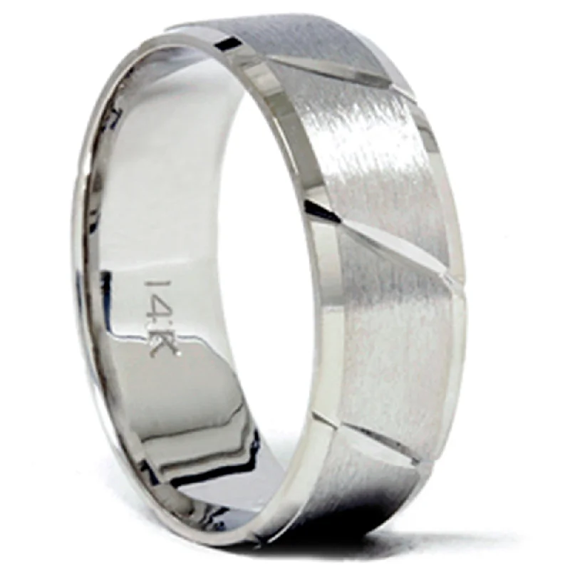 personalized stacking rings for women -Mens Brushed Wedding Band 14K White Gold Size Selectable