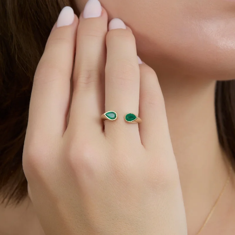 gold plated ring for women -Natural Pear Shape Emerald Open Cuff Ring, Bomonti