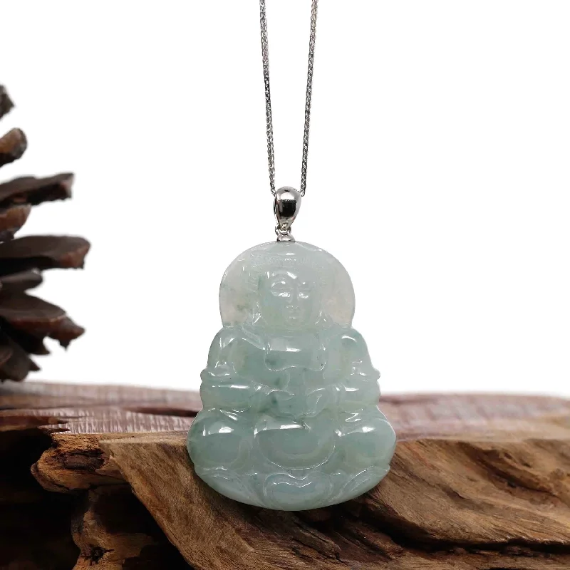 personalized handwriting necklace -RealJade® "Goddess of Compassion" Genuine Burmese Ice Blue Jadeite Jade Guanyin Necklace With Good Luck Design Silver  Bail