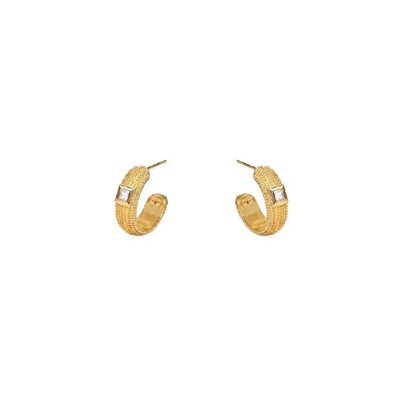 pearl hoop earrings for brides -14 Karat Textured Yellow Gold NALA Half Hoop Diamond earrings