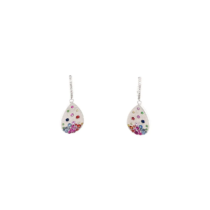 handmade tassel earrings for women -14 Karat White Gold Pear shape earrings with Multi Colored Sapphires and Tsavorites on Diamond Huggy