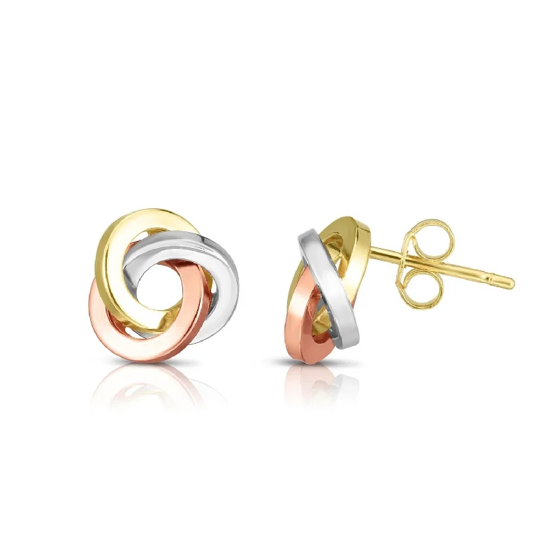 fashion statement earrings for women -14K Tricolor Gold 10MM Polished Love Knot Stud Earrings, Gold Stud Earrings for Women, 100% Real 14K Gold