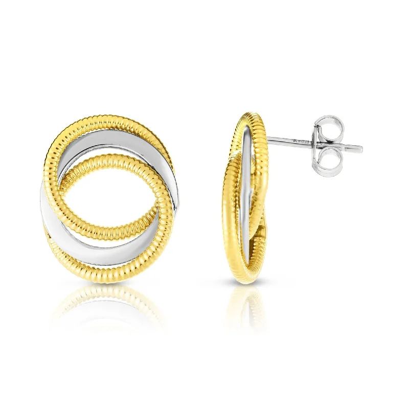 hoop earrings set for layering -14K Two-Tone Yellow and White Gold Polished Spiral Round Stud Earrings, Interconnected Earrings, 100% Real 14K Gold