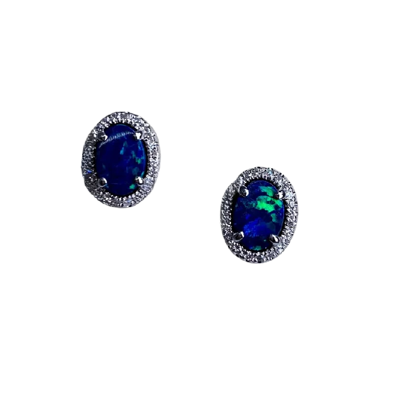 gold chain earrings for women -14K White Gold Opal and Diamond Stud Earrings