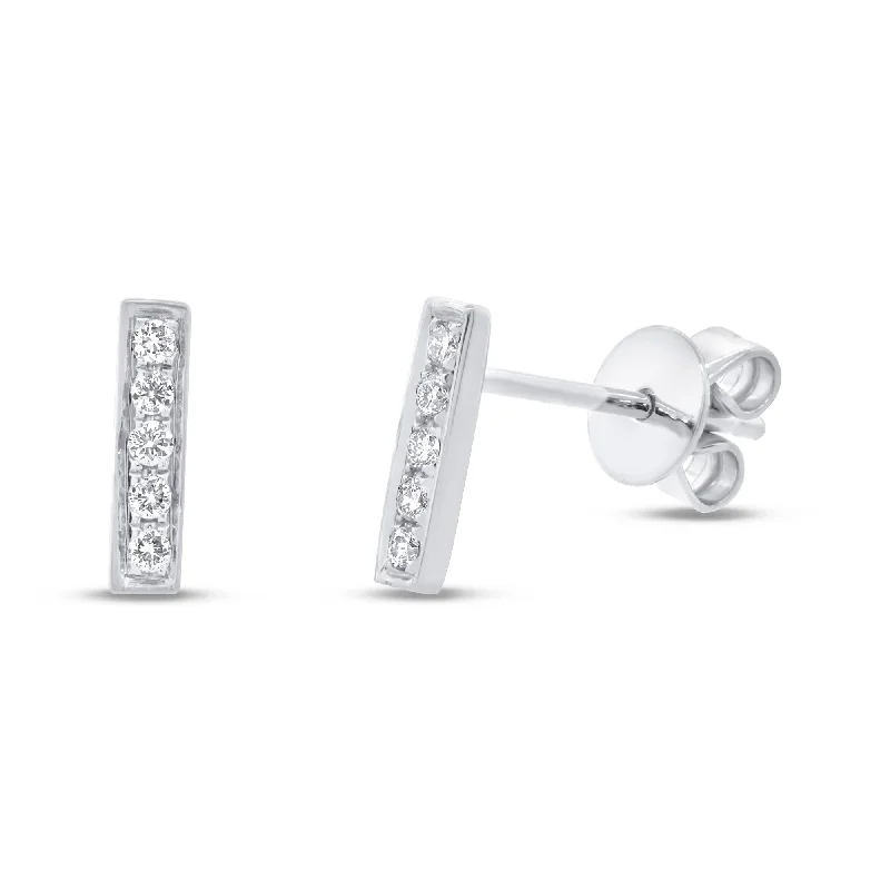 birthstone stud earrings for women -14K White Gold Pave Diamond Bar Studs