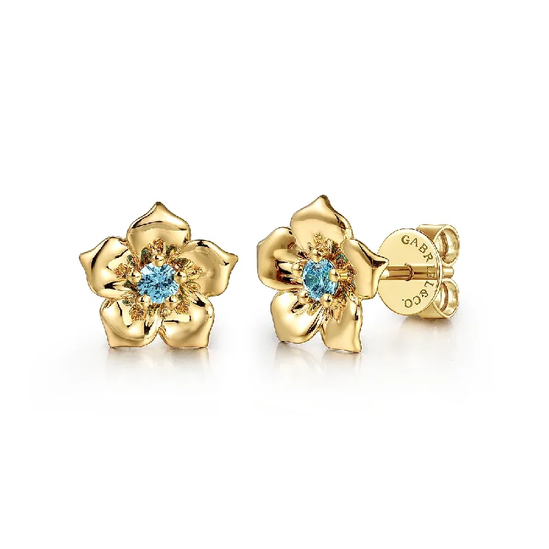 vintage clip-on earrings for women -14K Yellow Gold Blue Topaz Floral Stud Earrings