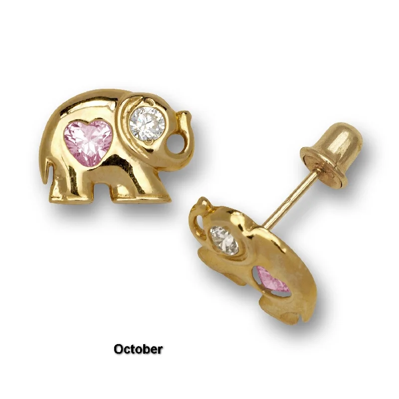 personalized monogram earrings -14K Yellow Gold Cubic Zircornia Lucky Elephant Birthstone Screw-back Stud Earrings (12 colors) (8mmx7mm)