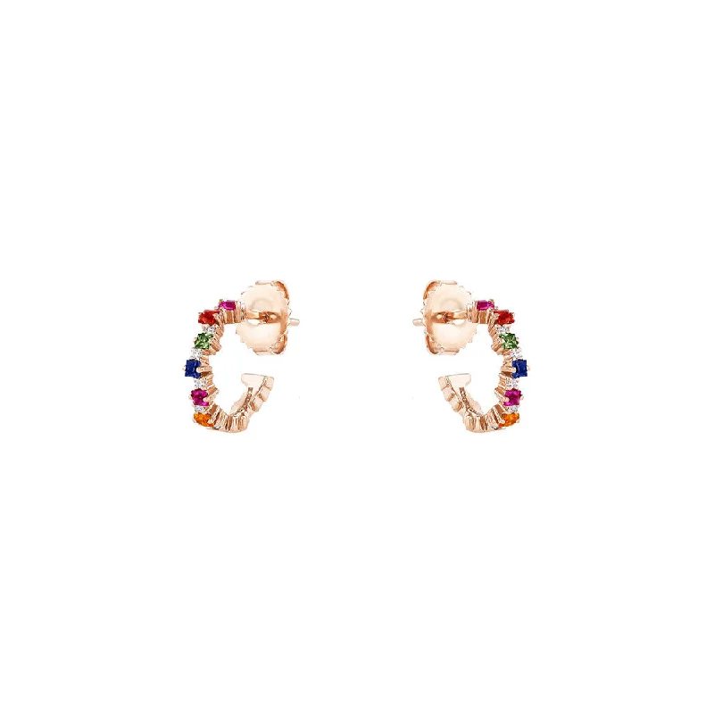 rose gold earrings for women -18 Karat Rose Gold Small Hoop Earring with Multi Colored Sapphires and Diamonds