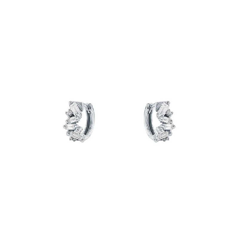 diamond hoop earrings for women -18 Karat White Gold huggies with Baguette and Round diamonds