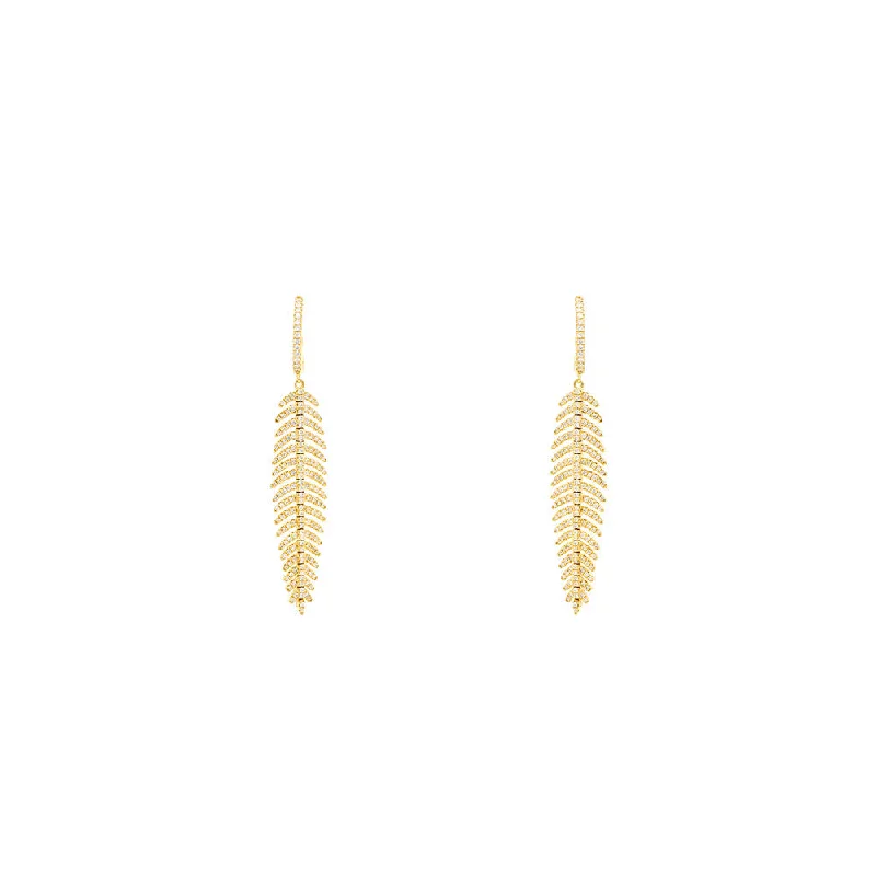 custom name hoop earrings -18 Karat Yellow Gold Feather earrings With 358 White Diamonds with Huggie closure