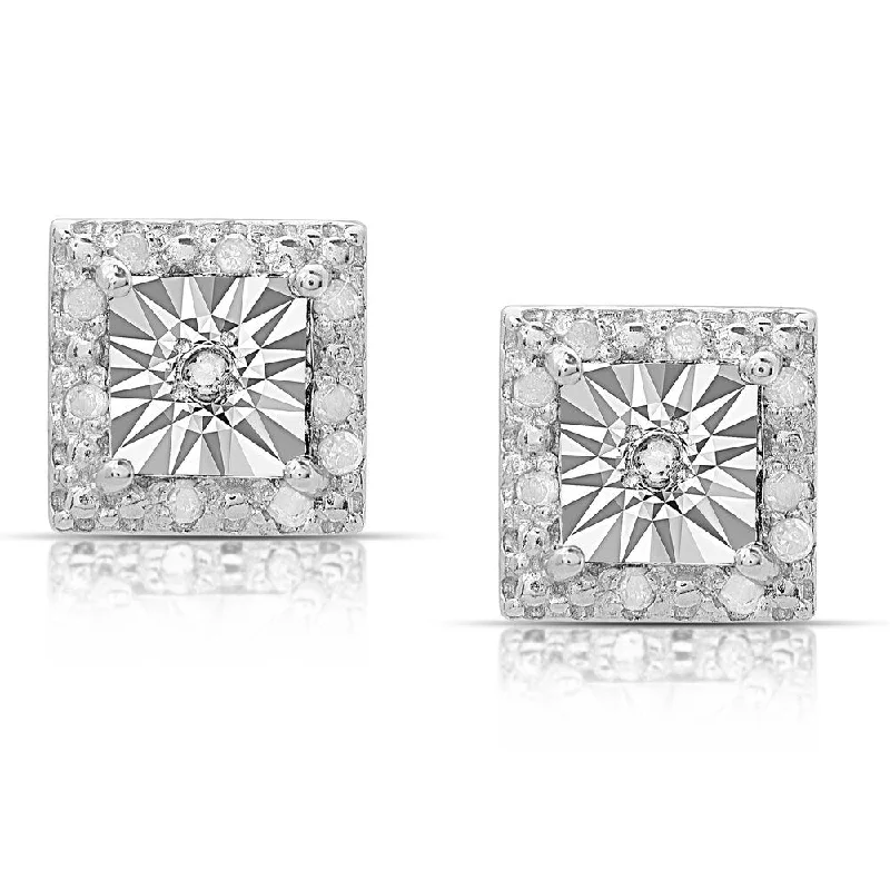 emerald earrings for women -Finesque Sterling Silver 1/10ct TDW Diamond Miracle Plate Square Stud Earrings (I-J, I2-I3)