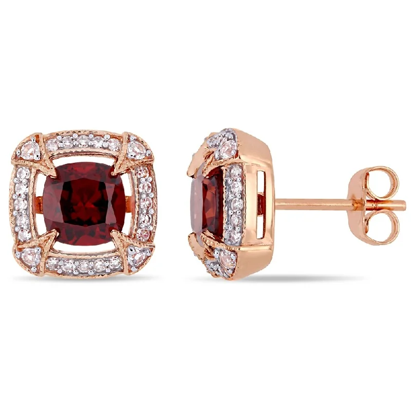 sapphire drop earrings for women -Miadora 10k Rose Gold Garnet White Sapphire and 1/5ct TDW Diamond Stud Earrings