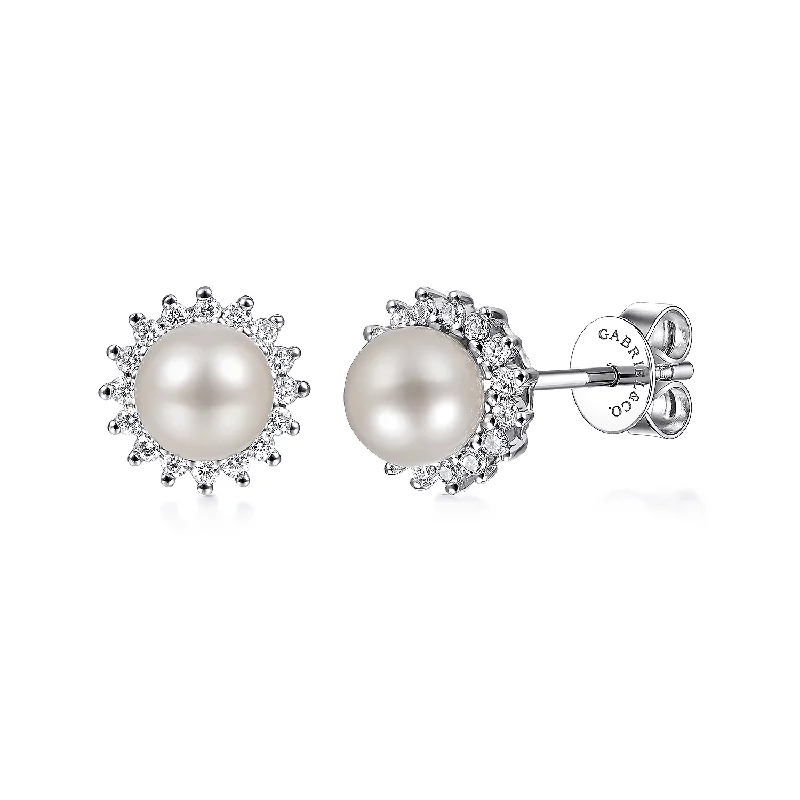 simple silver stud earrings -14K White Gold Pearl with Diamond Halo Stud Earrings