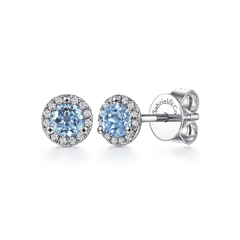 personalized birthstone earrings -14K White Gold Round Blue Topaz and Diamond Halo Stud Earring