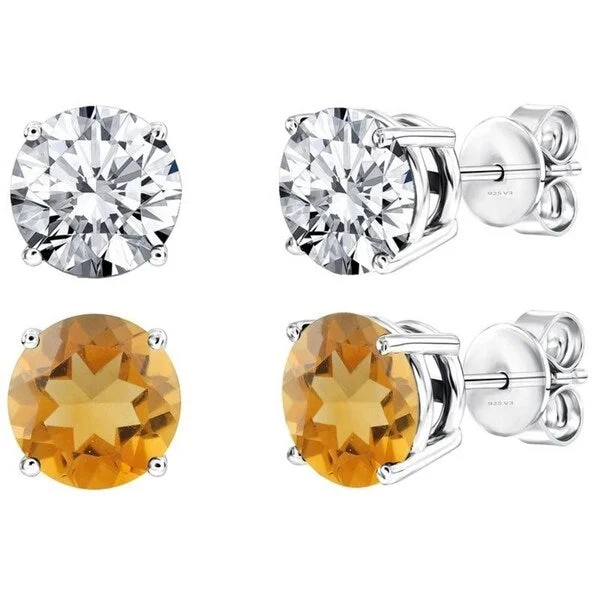 modern statement earrings for women -Set of Two Sterling Silver Stud Earring with Natural Citrine and White Topaz