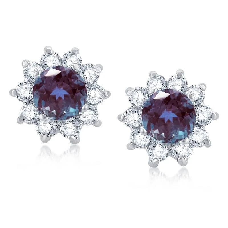 luxury gold earrings for women -Sterling Silver Alexandrite, White Topaz Flower Stud Earring