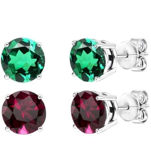 crystal hoop earrings for women -Sterling Silver round Emerald & Ruby Stud Earrings