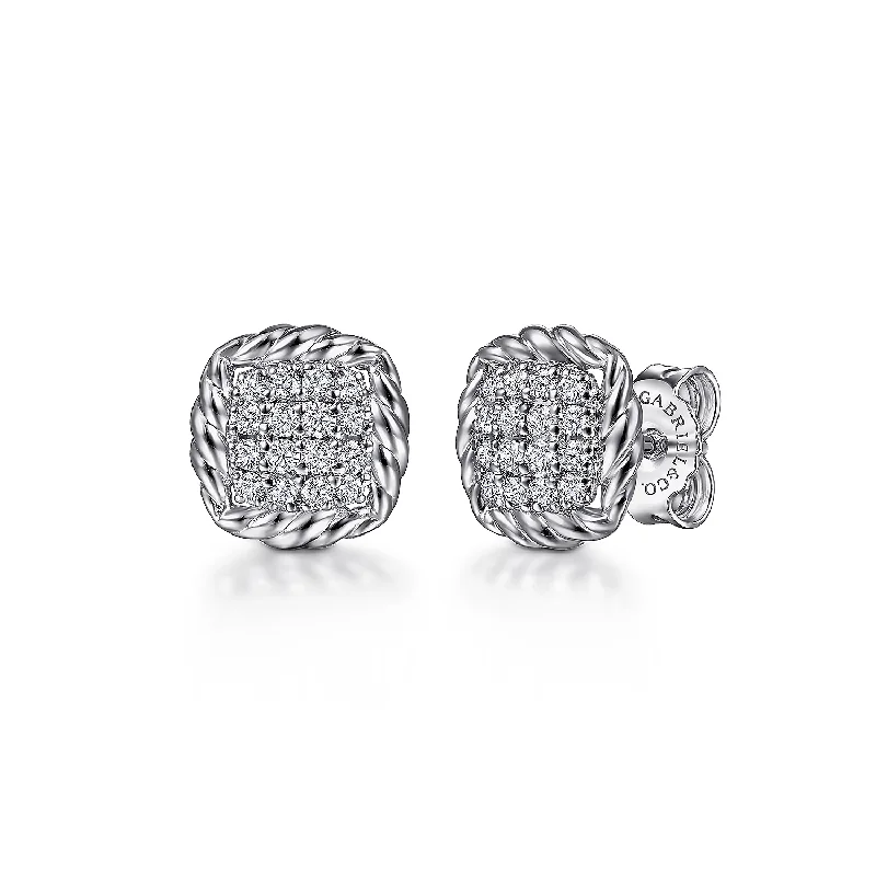 romantic heart earrings for girlfriend -Sterling Silver White Sapphire Pave' Center and Rope Frame Stud Earrings