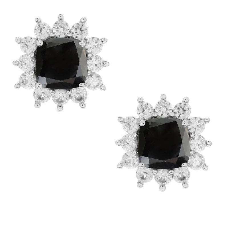 simple silver stud earrings -Sterling Silver with Cushion Cut Natural Choice of Gemstone and White Zircon Halo Stud Earring