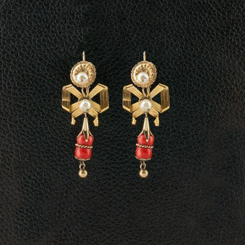 trendy chain earrings for women -Antique Coral & Pearl Earrings