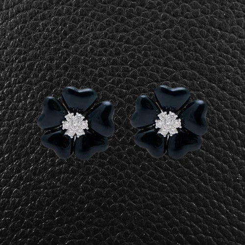 silver dangle earrings for women -Black Agate & Diamond Flower Earrings