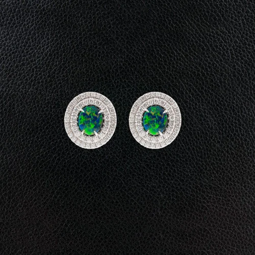 modern geometric earrings for women -Black Opal Earrings with Double Diamond Halos