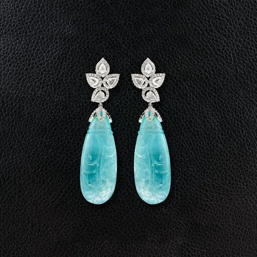 classic gold stud earrings -Carved Aquamarine & Diamond Dangle Earrings